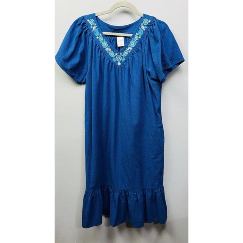 BLAIR Blue Womens medium v-neck‎ embroidered dress Cotton Ruffled hem